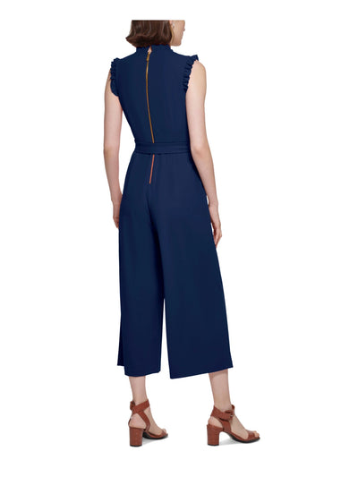 CALVIN KLEIN Womens Blue Zippered Pocketed Ruffled Tie-belt Cropped Sleeveless V Neck Wear To Work Wide Leg Jumpsuit 14