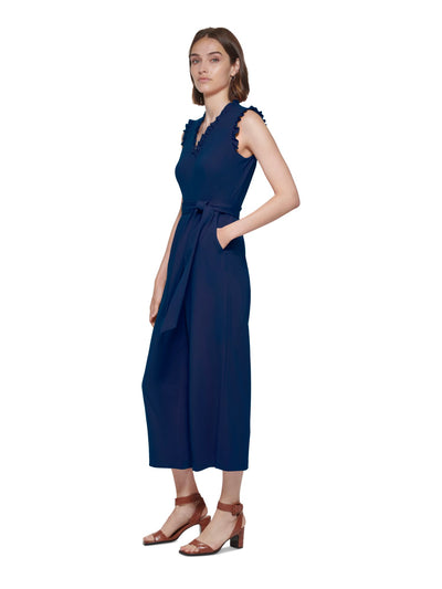 CALVIN KLEIN Womens Blue Zippered Pocketed Ruffled Tie-belt Cropped Sleeveless V Neck Wear To Work Wide Leg Jumpsuit 14