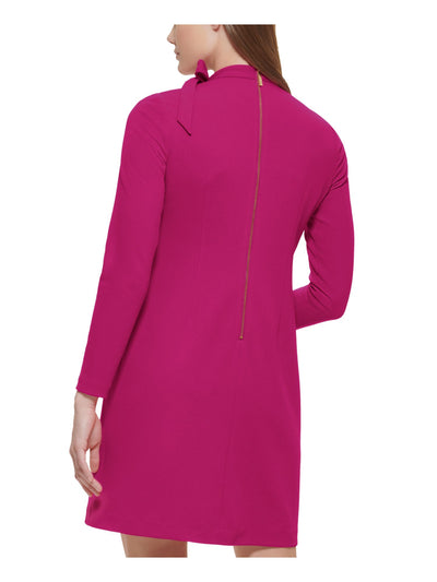 CALVIN KLEIN Womens Purple Tie Zippered Unlined Long Sleeve Mock Neck Above The Knee Wear To Work Sheath Dress 2