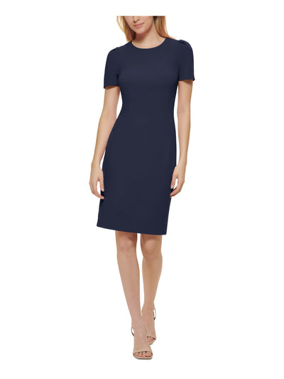 CALVIN KLEIN Womens Navy Zippered Unlined Pleated Shoulder Short Sleeve Round Neck Short Cocktail Sheath Dress 6