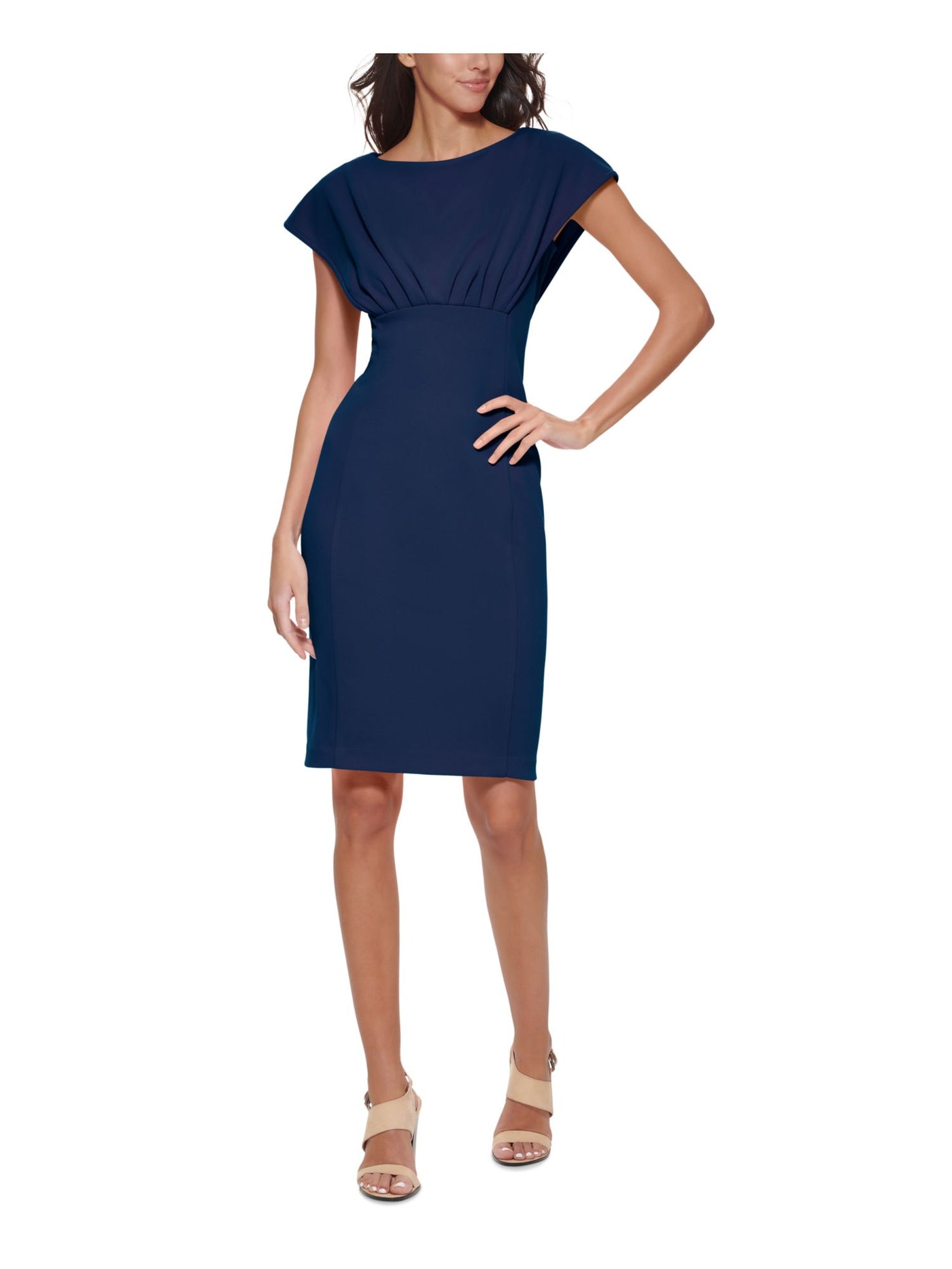 CALVIN KLEIN Womens Navy Zippered Pleated Unlined Cap Sleeve Boat Neck Above The Knee Wear To Work Sheath Dress Petites 6P