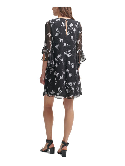 CALVIN KLEIN Womens Black Lined Keyhole Floral Bell Sleeve V Neck Short Shift Dress 2