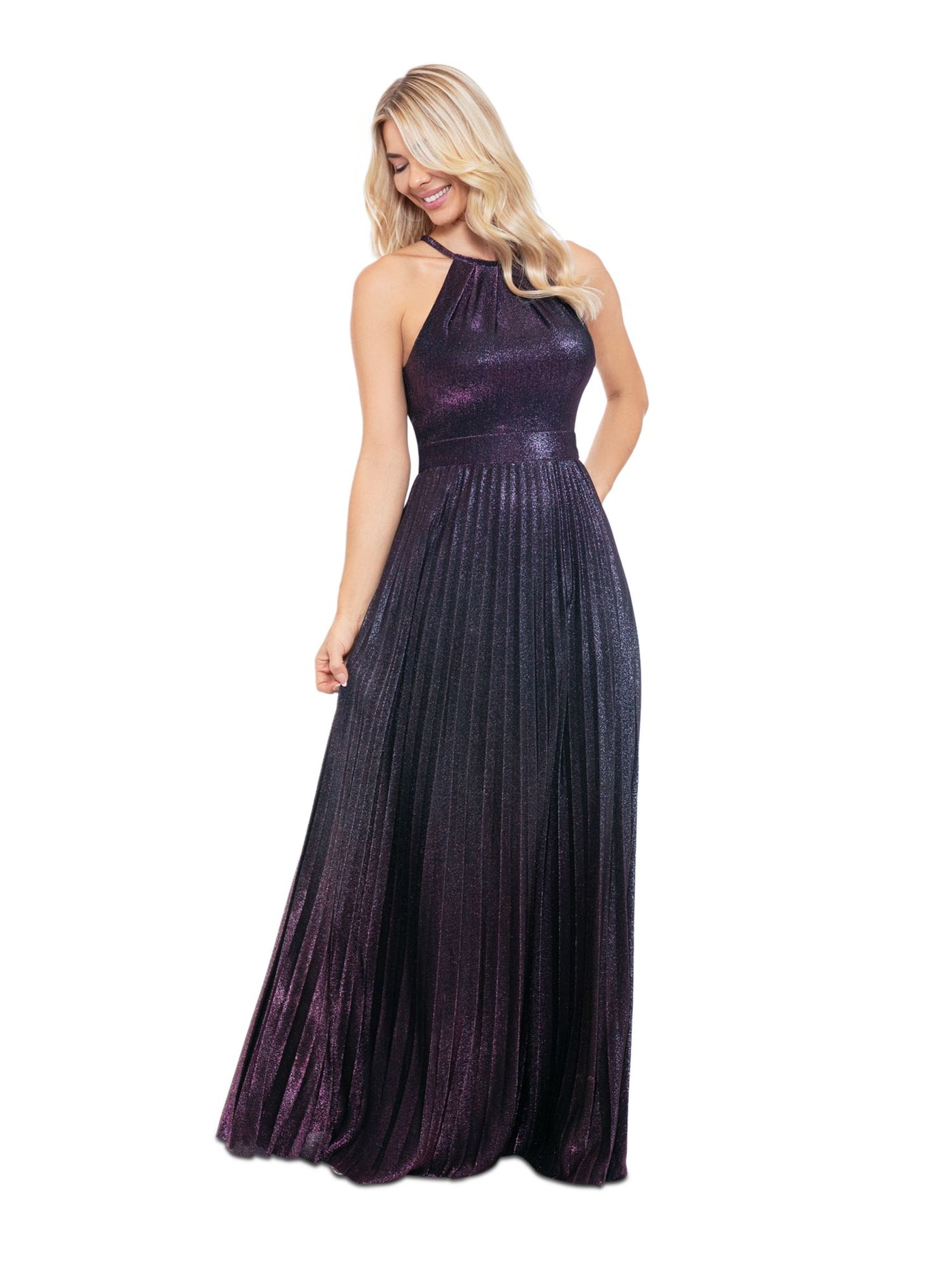 BETSY & ADAM Womens Navy Pleated Zippered Lined Sleeveless Halter Full-Length Formal Gown Dress Petites 4P