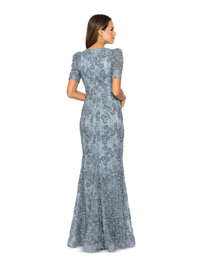 XSCAPE Womens Blue Sequined Zippered Lined Pouf Sleeve V Neck Full-Length Formal Gown Dress Petites 4P