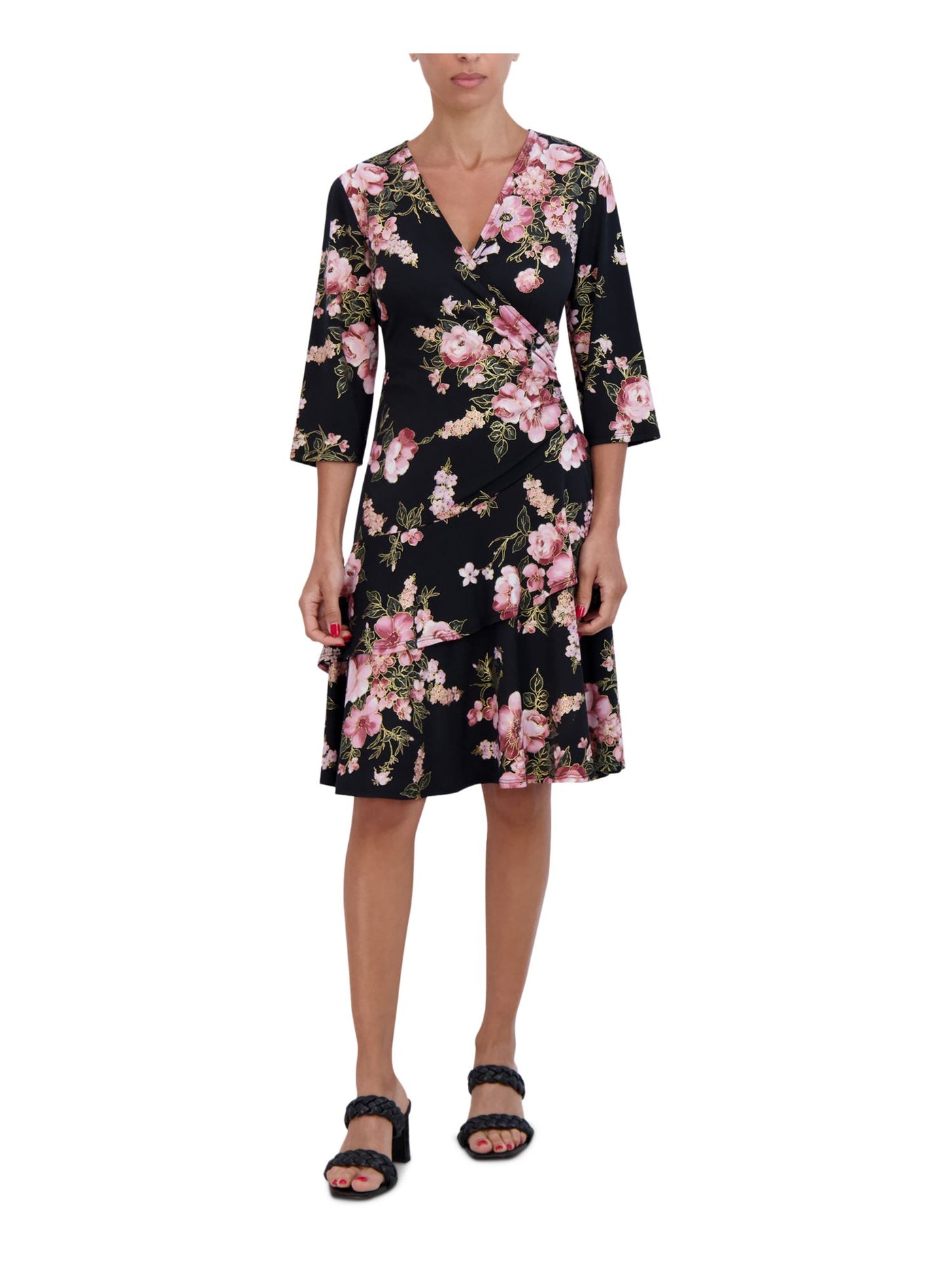 SIGNATURE BY ROBBIE BEE Plus Womens Floral Foil Short Fit & Flare Dress, Black/Mauve SIGNATURE BY ROBBIE BEE Plus Womens Floral Foil Short Fit & Flare Dress, Black/Mauve