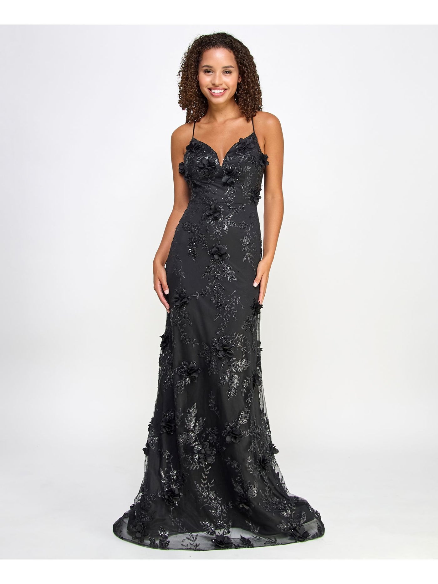 SAY YES TO THE PROM Womens Black Sequined Zippered Floral Accent Glitter Lace Up Op Spaghetti Strap V Neck Full-Length Formal Gown Dress Juniors 5\6