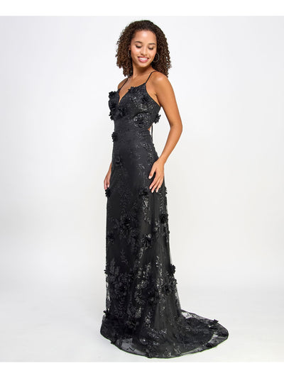 SAY YES TO THE PROM Womens Black Sequined Zippered Floral Accent Glitter Lace Up Op Spaghetti Strap V Neck Full-Length Formal Gown Dress Juniors 5\6