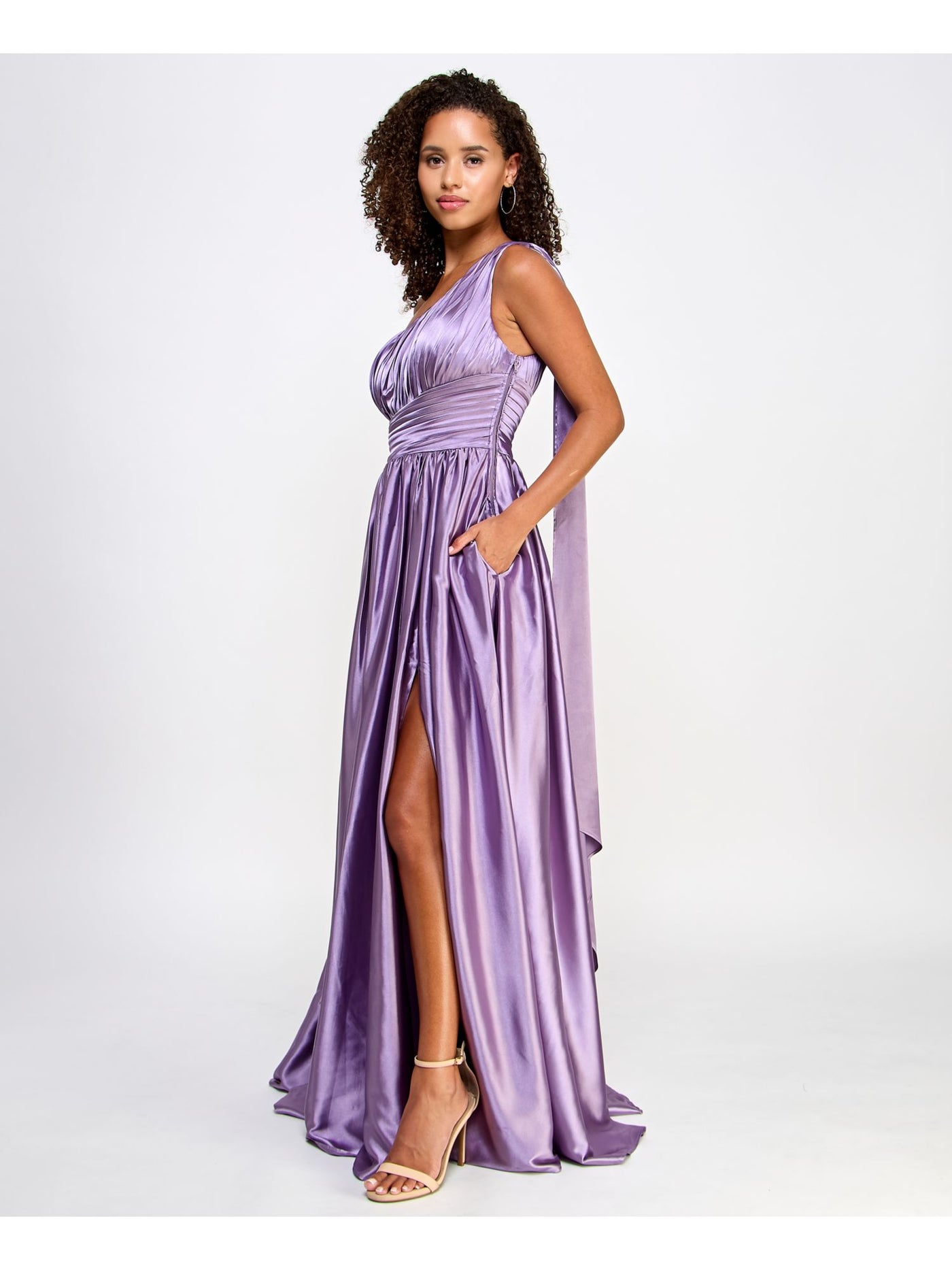 SPEECHLESS Womens Purple Pleated Zippered Cascading Sweep Hi-slit Lined Sleeveless Asymmetrical Neckline Full-Length Prom Gown Dress Juniors 9