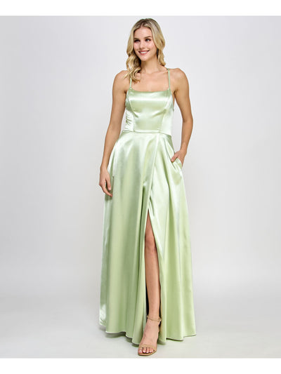SPEECHLESS Womens Green Zippered Slitted Lined Lace Up Back Sheen Spaghetti Strap Square Neck Full-Length Formal Gown Dress Juniors 11