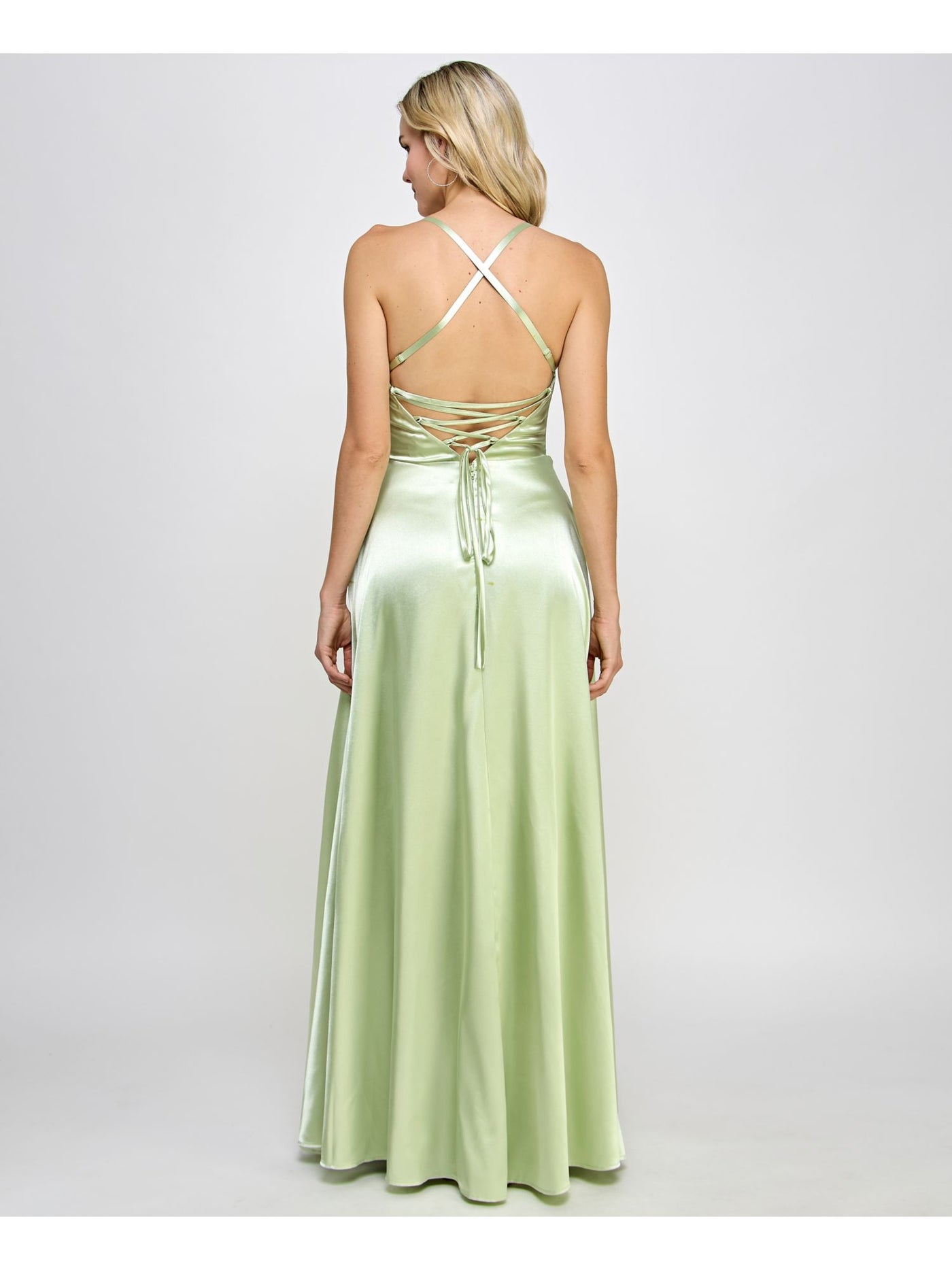 SPEECHLESS Womens Green Zippered Slitted Lined Lace Up Back Sheen Spaghetti Strap Square Neck Full-Length Formal Gown Dress Juniors 11