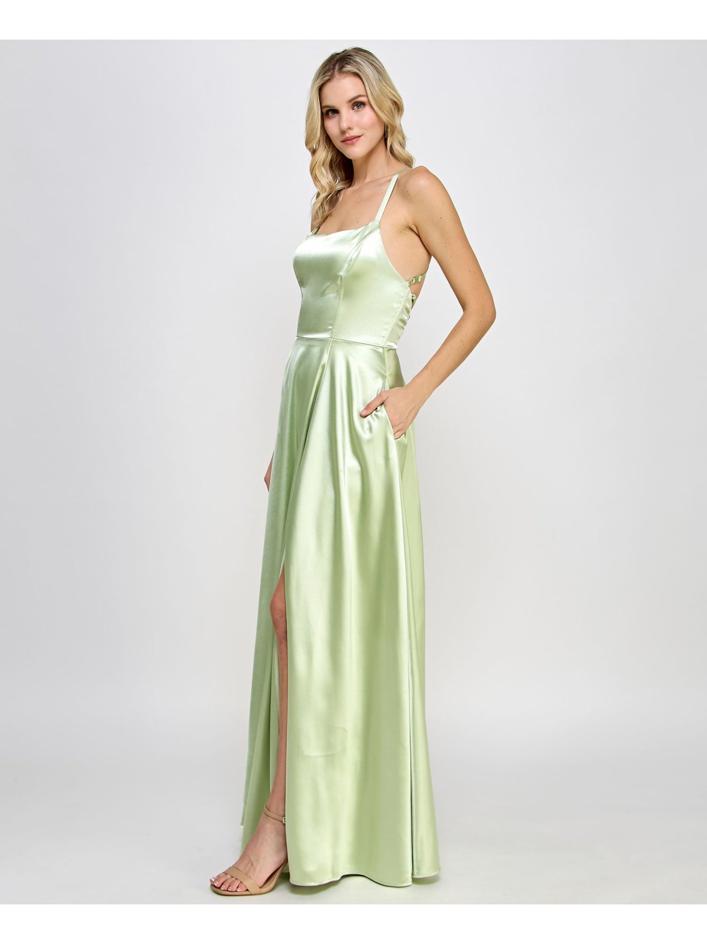 SPEECHLESS Womens Green Zippered Slitted Lined Lace Up Back Sheen Spaghetti Strap Square Neck Full-Length Formal Gown Dress Juniors 11
