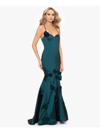 BLONDIE NITES Womens Green Lined Zippered Roset Accents Lace Up Back Spaghetti Strap Sweetheart Neckline Full-Length Formal Fit + Flare Dress Juniors 15