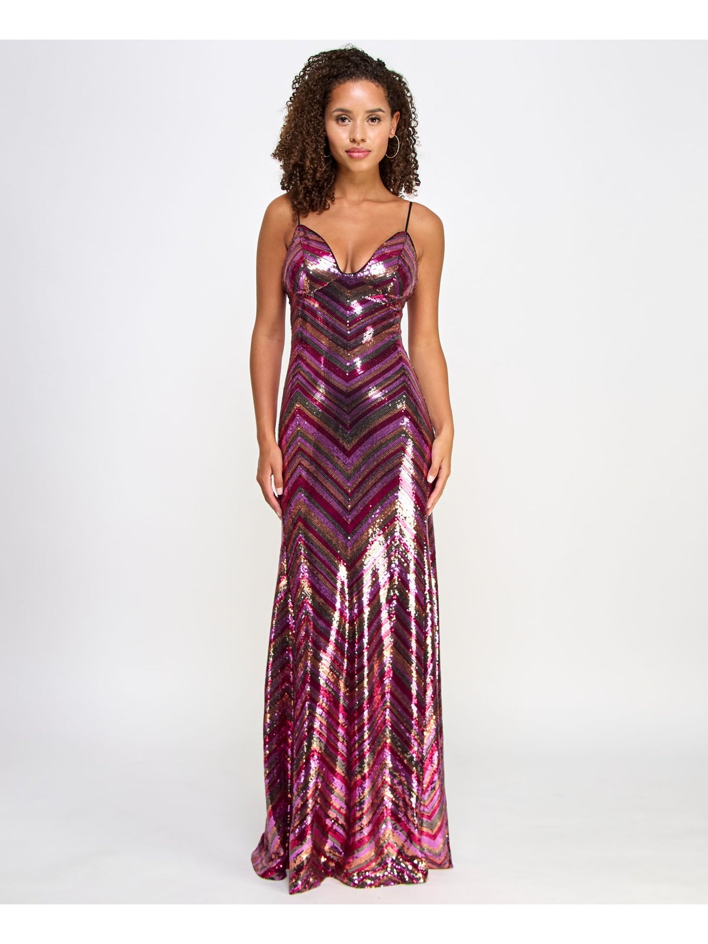 VIOLET WEEKEND Womens Pink Sequined Zippered Lace Up Open Back Lined Chevron Spaghetti Strap Sweetheart Neckline Full-Length Formal Gown Dress Juniors 5\6
