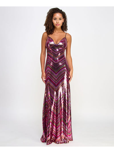 VIOLET WEEKEND Womens Pink Sequined Zippered Lace Up Open Back Lined Chevron Spaghetti Strap Sweetheart Neckline Full-Length Formal Gown Dress Juniors 5\6