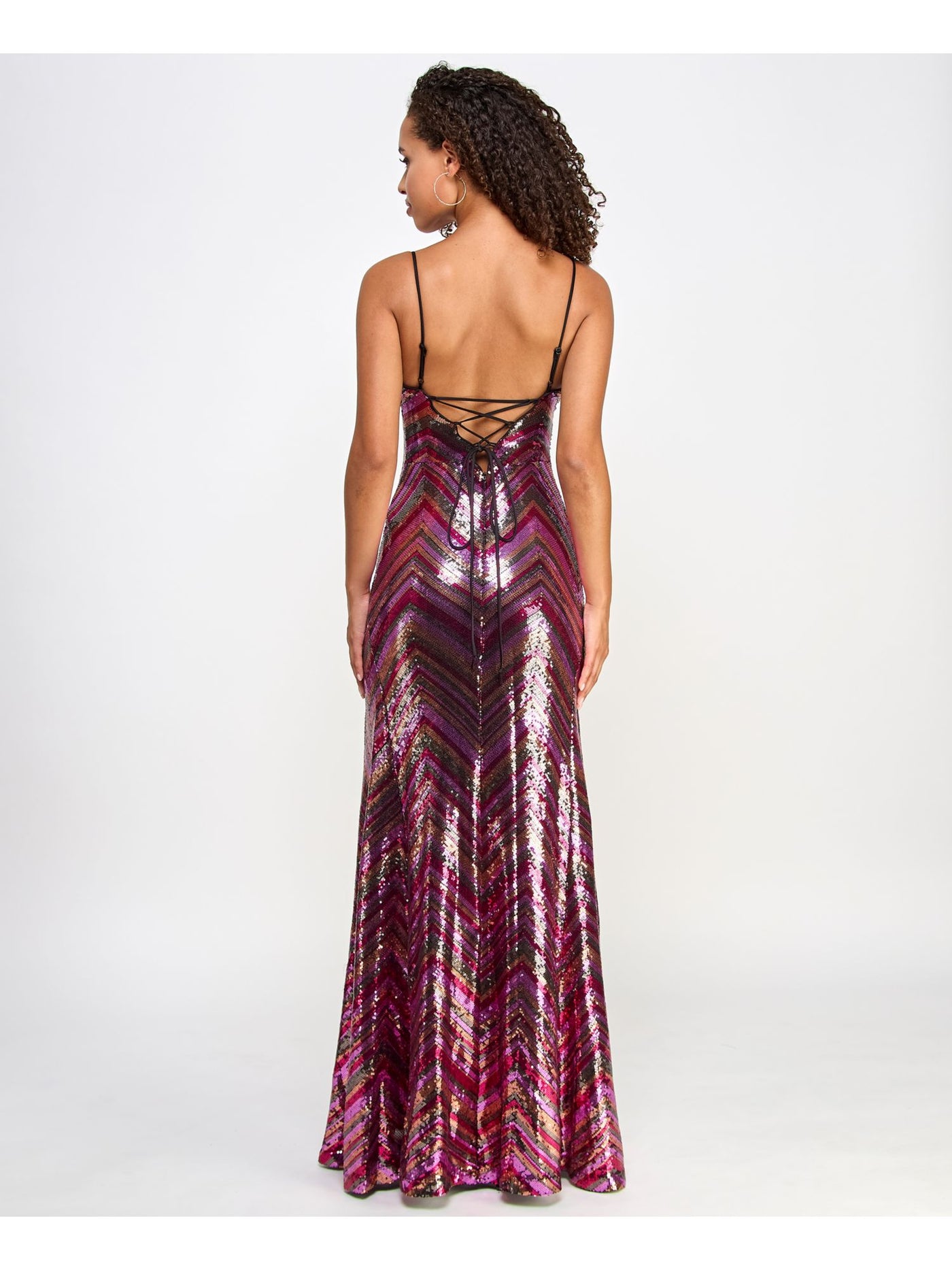 VIOLET WEEKEND Womens Pink Sequined Zippered Lace Up Open Back Lined Chevron Spaghetti Strap Sweetheart Neckline Full-Length Formal Gown Dress Juniors 5\6