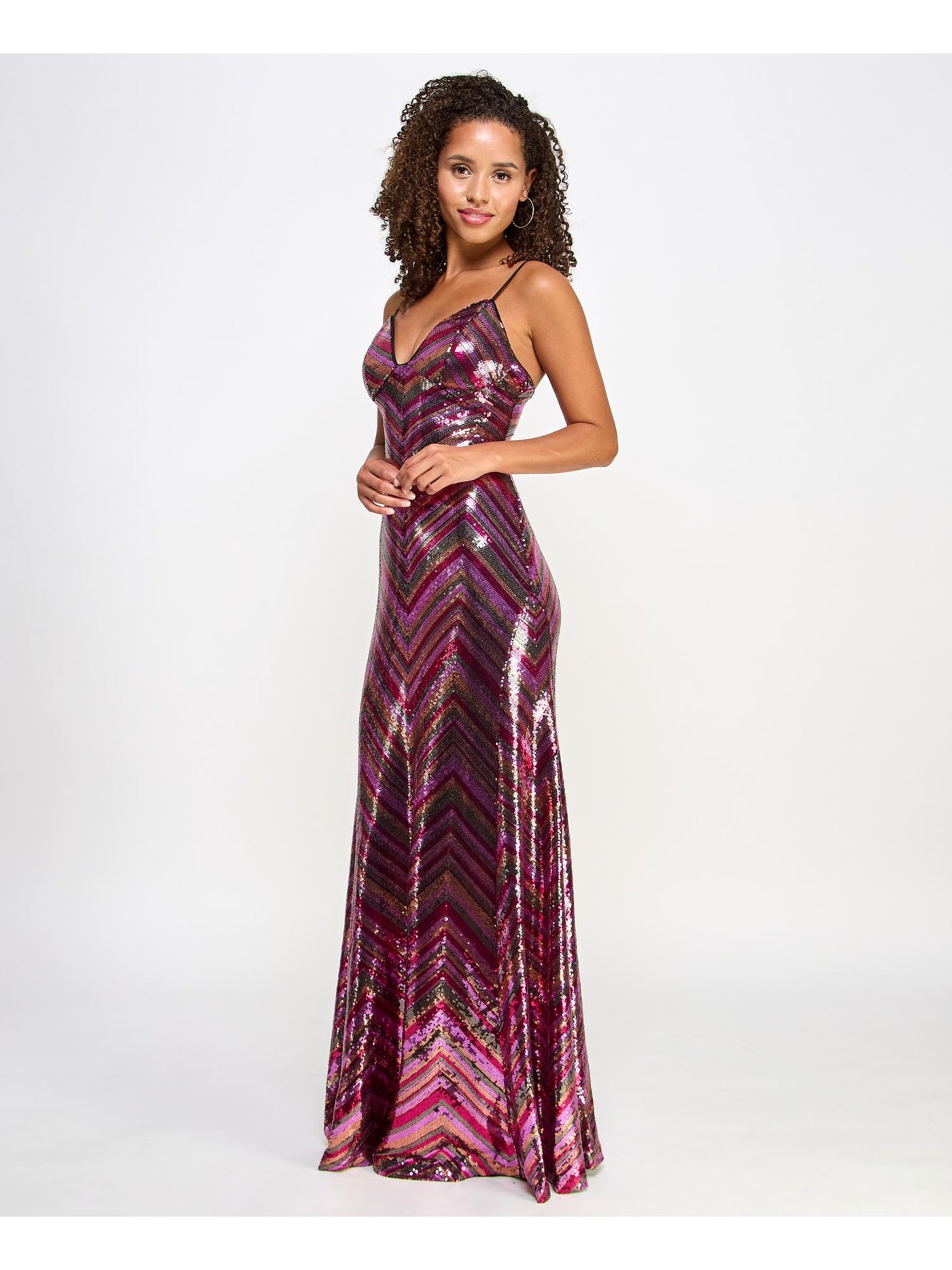 VIOLET WEEKEND Womens Pink Sequined Zippered Lace Up Open Back Lined Chevron Spaghetti Strap Sweetheart Neckline Full-Length Formal Gown Dress Juniors 5\6
