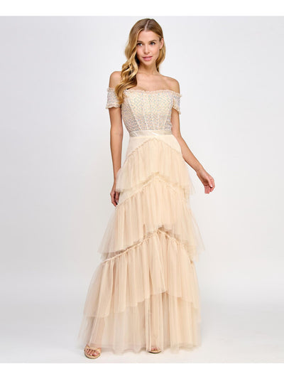 CITY STUDIO Womens Beige Sequined Zippered Boned Bodice Tiered Skirt Short Sleeve Off Shoulder Full-Length Prom Gown Dress Juniors 7\8