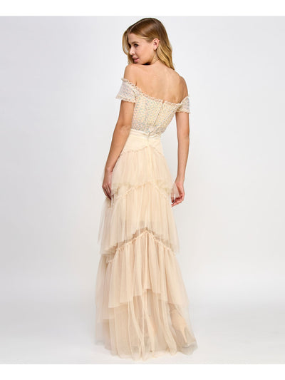 CITY STUDIO Womens Beige Sequined Zippered Boned Bodice Tiered Skirt Short Sleeve Off Shoulder Full-Length Prom Gown Dress Juniors 7\8