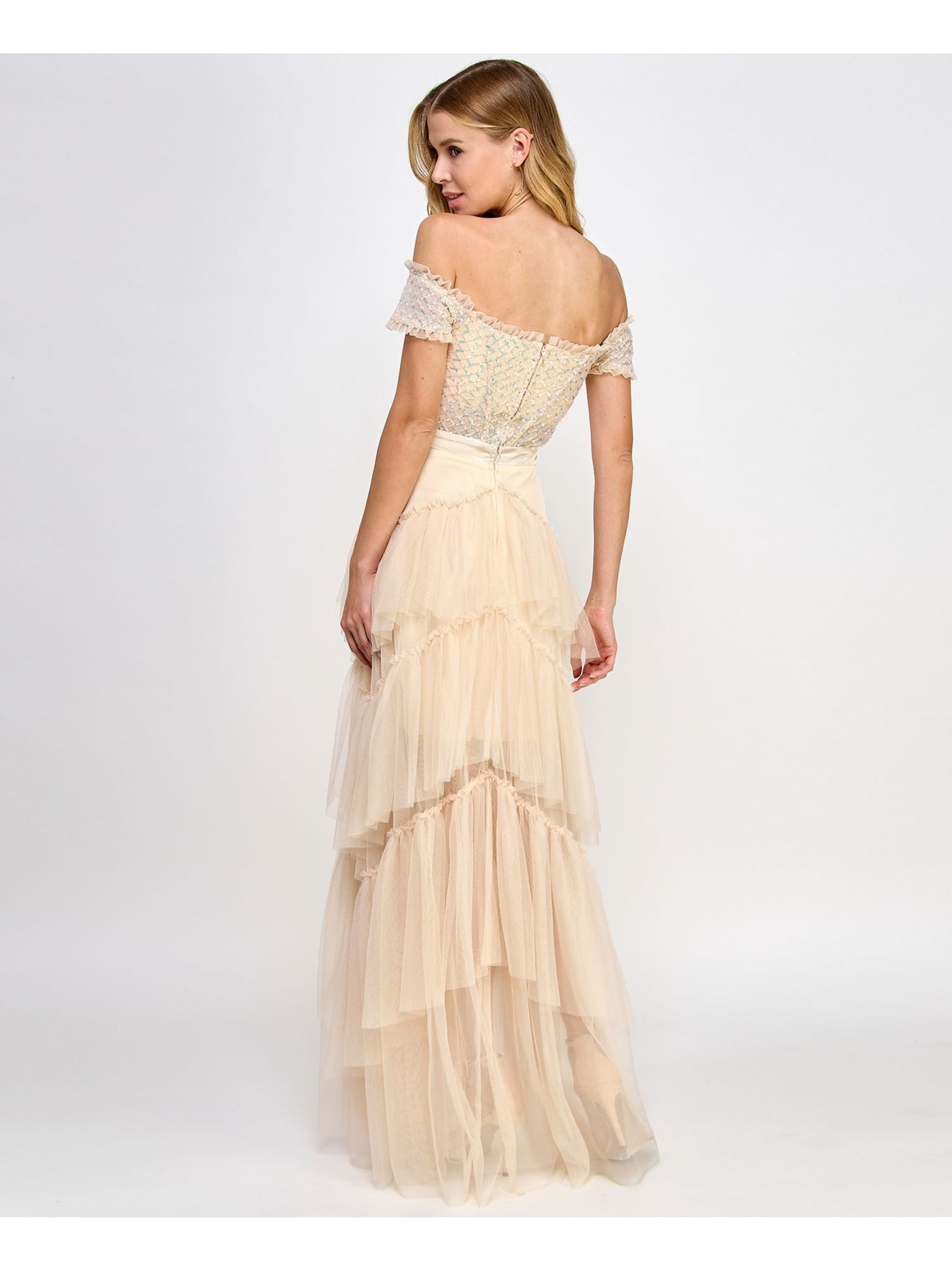 CITY STUDIO Womens Beige Sequined Zippered Boned Bodice Tiered Skirt Short Sleeve Off Shoulder Full-Length Prom Gown Dress Juniors 3\4