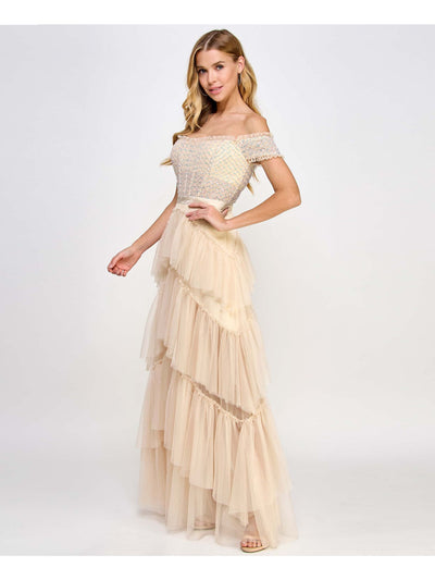 CITY STUDIO Womens Beige Sequined Zippered Boned Bodice Tiered Skirt Short Sleeve Off Shoulder Full-Length Prom Gown Dress Juniors 0