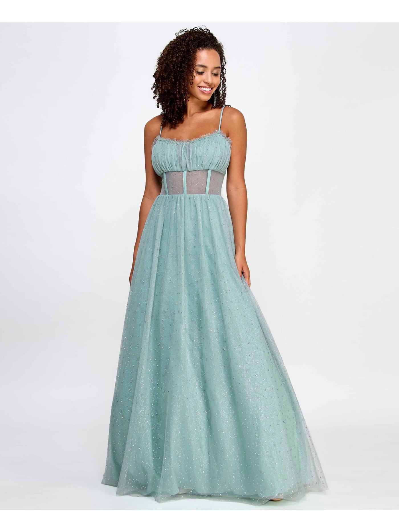 SAY YES TO THE PROM Womens Teal Rhinestone Ruffled Soft Cup Zippered Lined Caged Gl Spaghetti Strap Sweetheart Neckline Full-Length Formal Fit + Flare Dress Juniors 7\8