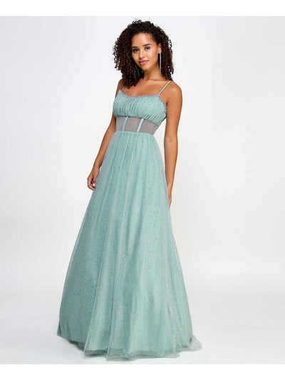 SAY YES TO THE PROM Womens Teal Rhinestone Ruffled Soft Cup Zippered Lined Caged Gl Spaghetti Strap Sweetheart Neckline Full-Length Formal Fit + Flare Dress Juniors 7\8