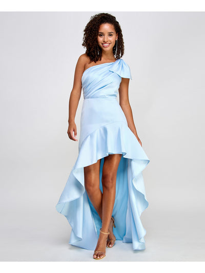 CITY STUDIO Womens Light Blue Pleated Zippered Bow Detail Asymmetric Hi-lo Hem Sleeveless Asymmetrical Neckline Full-Length Prom Gown Dress Juniors 5\6