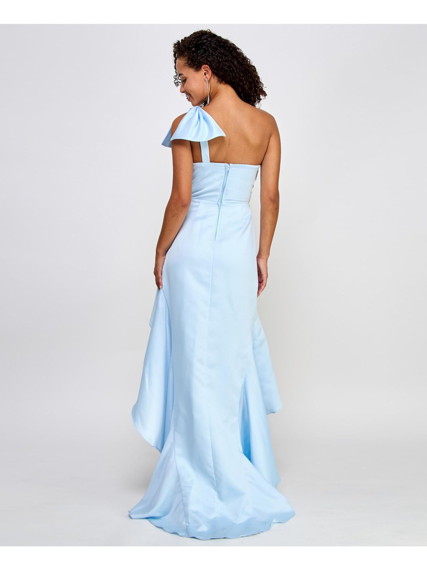 CITY STUDIO Womens Light Blue Pleated Zippered Bow Detail Asymmetric Hi-lo Hem Sleeveless Asymmetrical Neckline Full-Length Prom Gown Dress Juniors 7\8