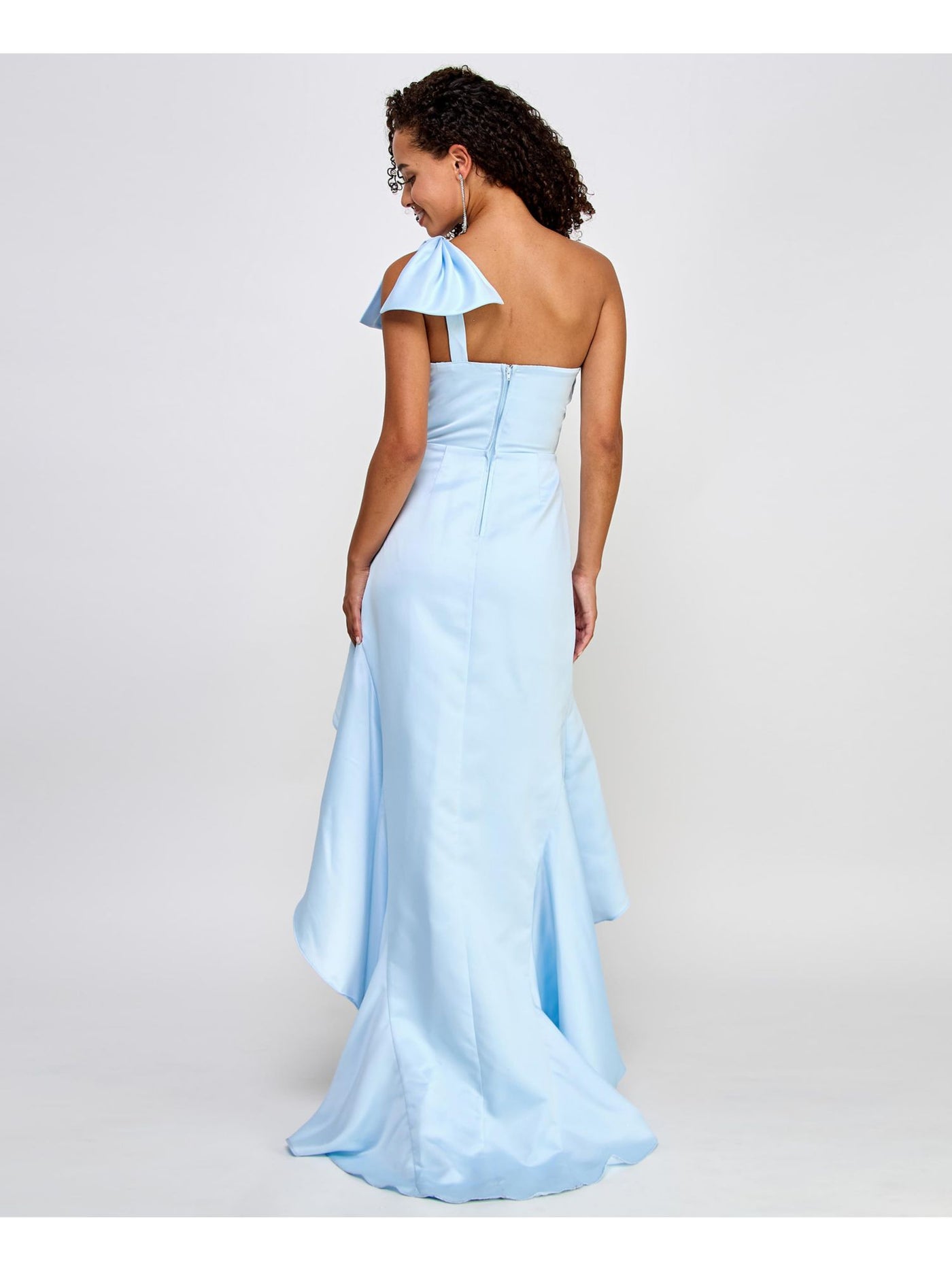 CITY STUDIO Womens Light Blue Pleated Zippered Bow Detail Asymmetric Hi-lo Hem Sleeveless Asymmetrical Neckline Full-Length Prom Gown Dress Juniors 5\6