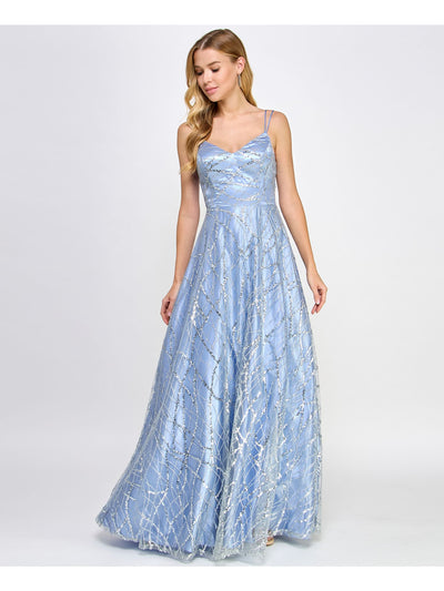 SAY YES TO THE PROM Womens Zippered Spaghetti Strap V Neck Full-Length Formal Fit + Flare Dress