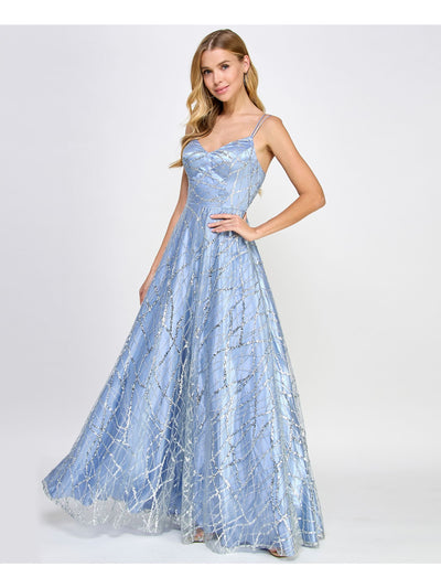 SAY YES TO THE PROM Womens Zippered Spaghetti Strap V Neck Full-Length Formal Fit + Flare Dress