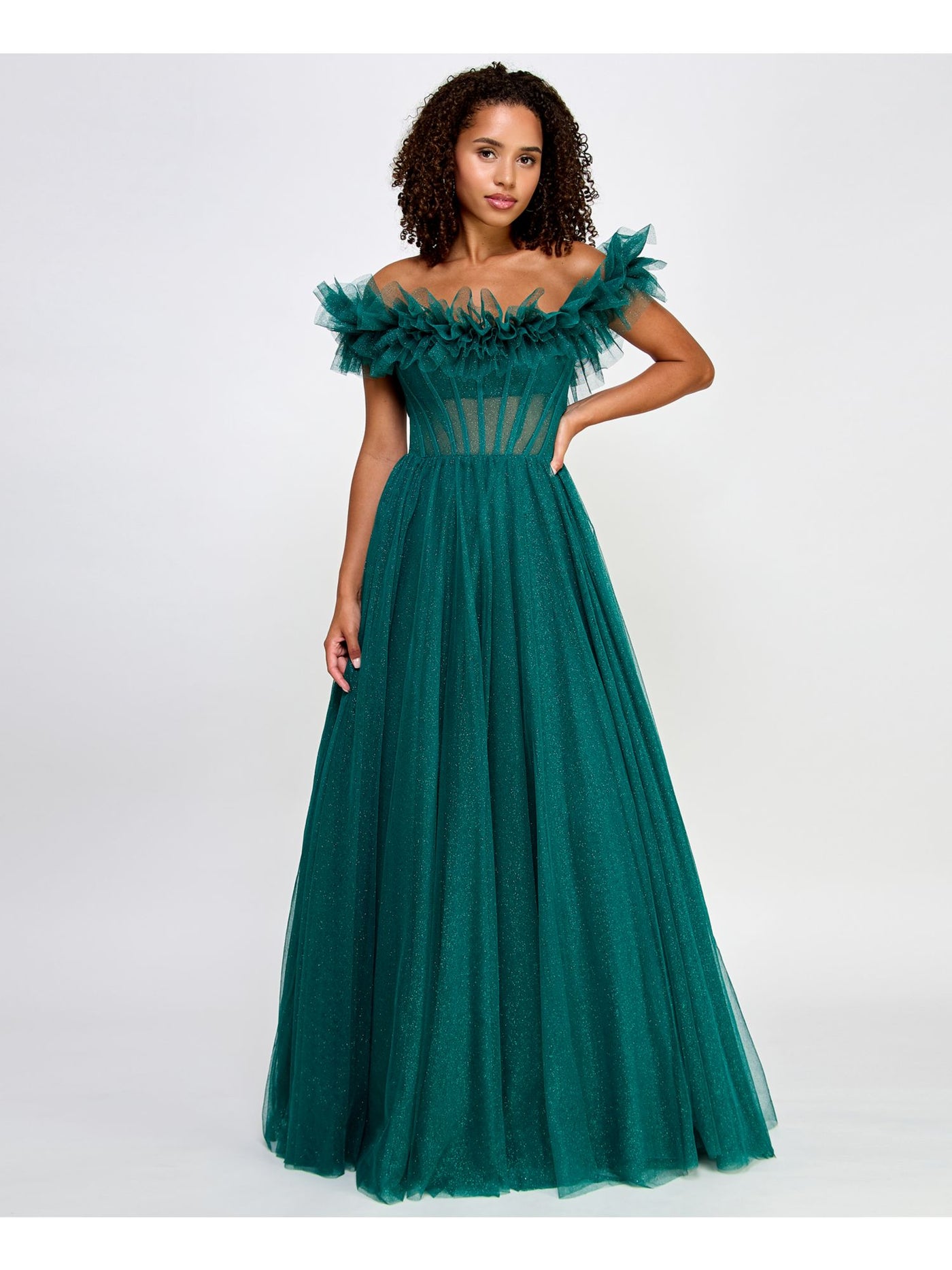 SAY YES TO THE PROM Womens Green Ruffled Zippered Sheer Boned Bodice Cap Sleeve Off Shoulder Full-Length Prom Gown Dress Juniors 3\4