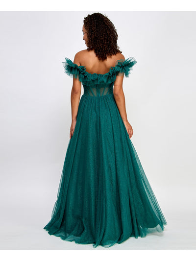 SAY YES TO THE PROM Womens Green Ruffled Zippered Sheer Boned Bodice Cap Sleeve Off Shoulder Full-Length Prom Gown Dress Juniors 3\4