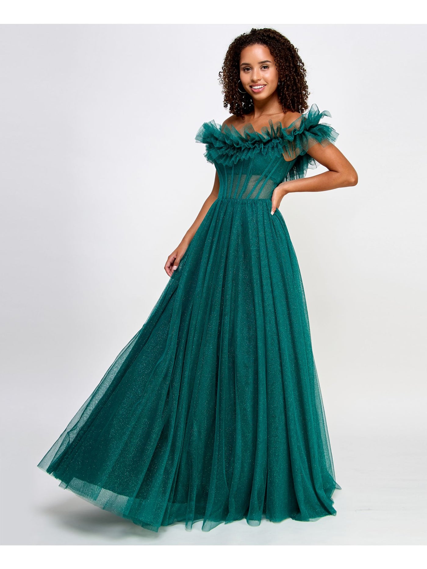 SAY YES TO THE PROM Womens Green Ruffled Zippered Sheer Boned Bodice Cap Sleeve Off Shoulder Full-Length Prom Gown Dress Juniors 3\4