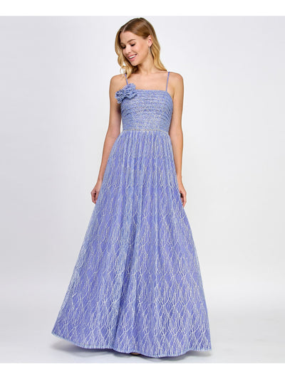 CITY STUDIO Womens Purple Zippered Adjustable Embellished Waist Glitter Mesh L Sleeveless Square Neck Full-Length Prom Fit + Flare Dress Juniors 5\6