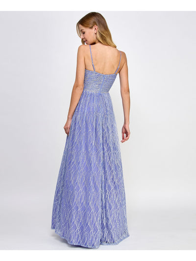 CITY STUDIO Womens Purple Zippered Adjustable Embellished Waist Glitter Mesh L Sleeveless Square Neck Full-Length Prom Fit + Flare Dress Juniors 5\6