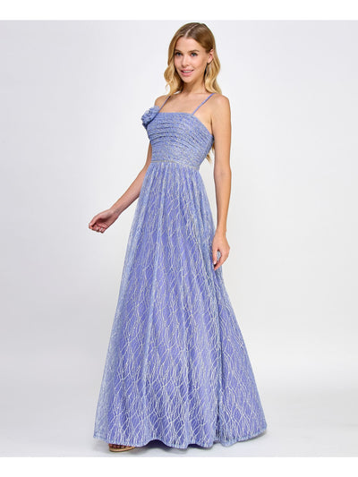 CITY STUDIO Womens Purple Zippered Adjustable Embellished Waist Glitter Mesh L Sleeveless Square Neck Full-Length Prom Fit + Flare Dress Juniors 5\6