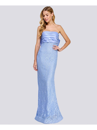 CITY STUDIO Womens Blue Lined Lace Glitter Zippered Bow Accent Plea Sleeveless Strapless Full-Length Formal Gown Dress 0