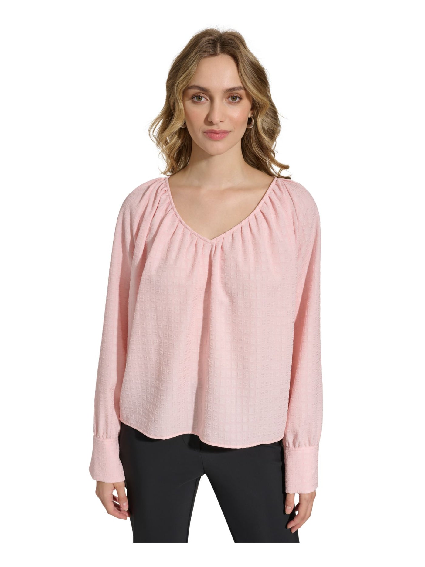 CALVIN KLEIN Womens Pink Pleated Cuffed Sleeve V Neck Top S