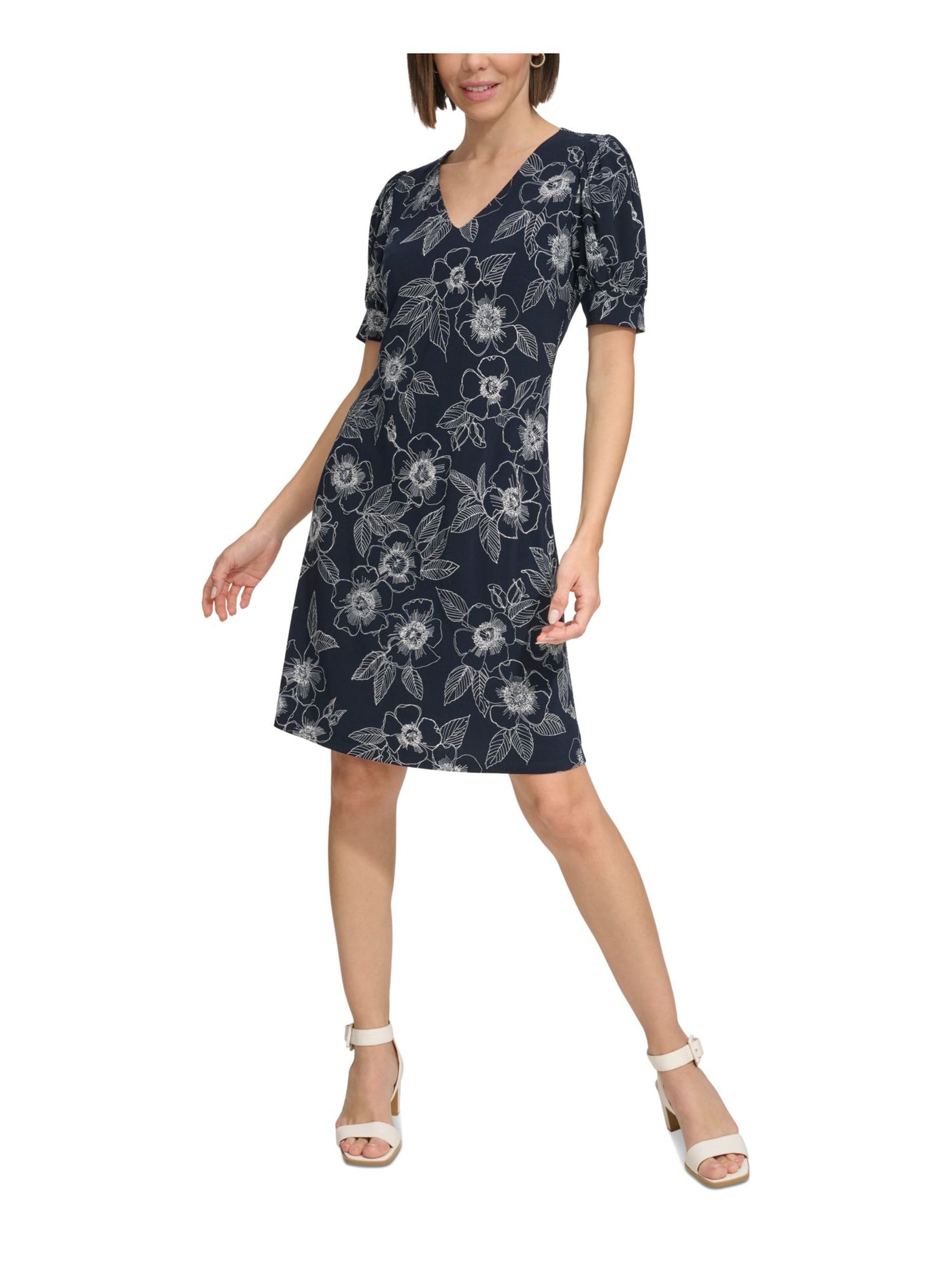 TOMMY HILFIGER Womens Navy Unlined Pullover Style Floral Pouf Sleeve V Neck Above The Knee Party Fit + Flare Dress 2