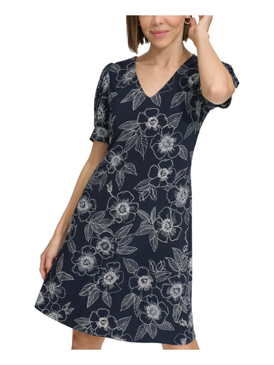 TOMMY HILFIGER Womens Navy Unlined Pullover Style Floral Pouf Sleeve V Neck Above The Knee Party Fit + Flare Dress 2