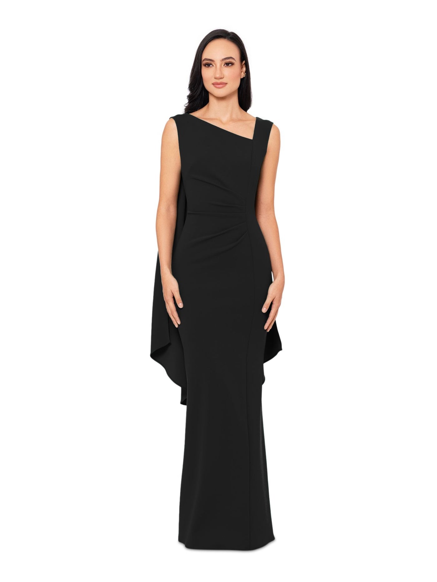 XSCAPE Womens Black Pleated Zippered Cape Overlay Back Lined Sleeveless Asymmetrical Neckline Full-Length Formal Sheath Dress 8