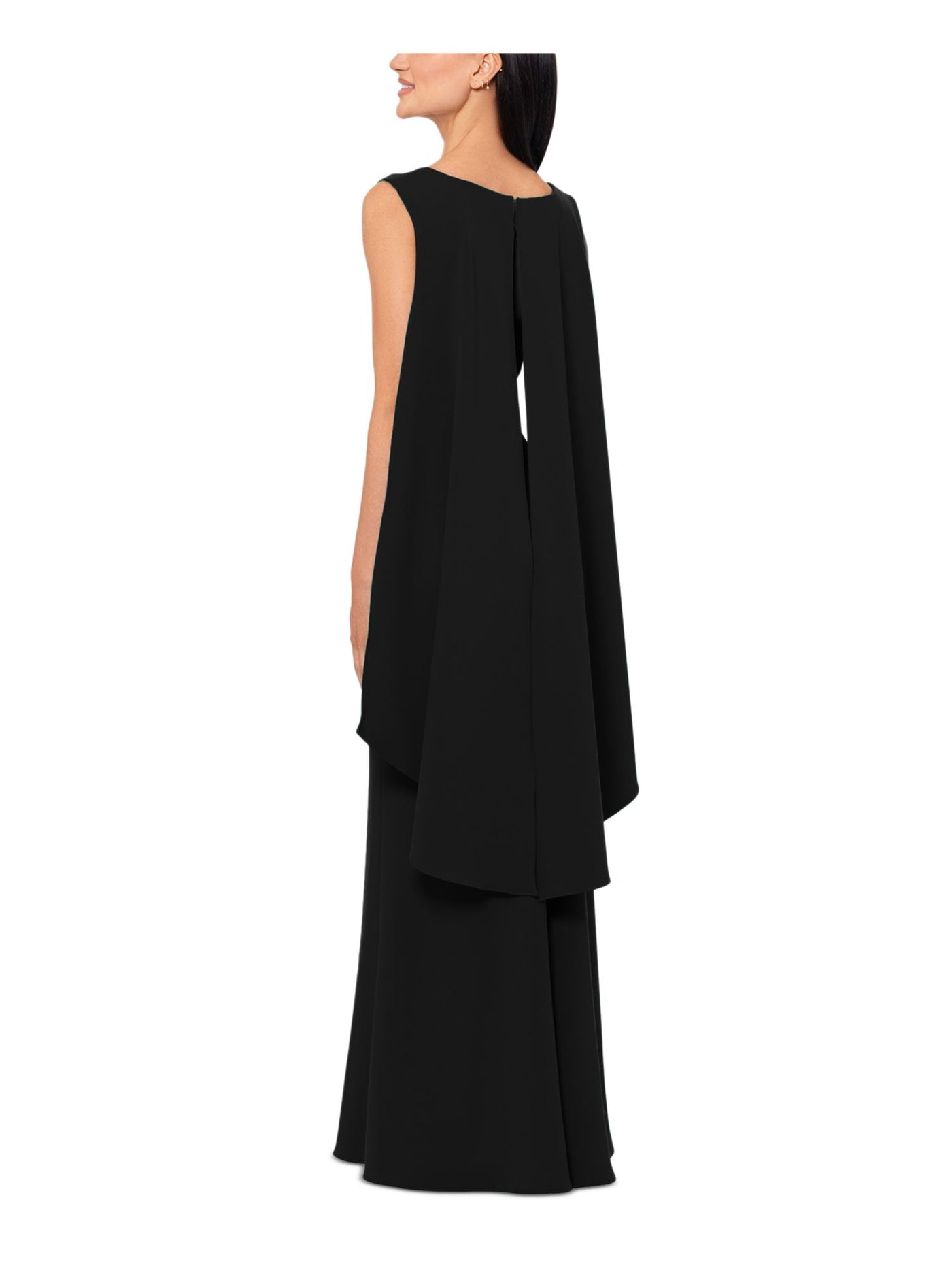 XSCAPE Womens Black Pleated Zippered Cape Overlay Back Lined Sleeveless Asymmetrical Neckline Full-Length Formal Sheath Dress 8