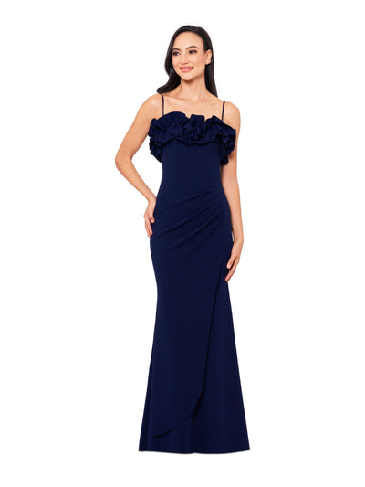 XSCAPE Womens Navy Ruffled Zippered Pleated Faux-wrap Skirt Lined Spaghetti Strap Square Neck Full-Length Evening Gown Dress 12