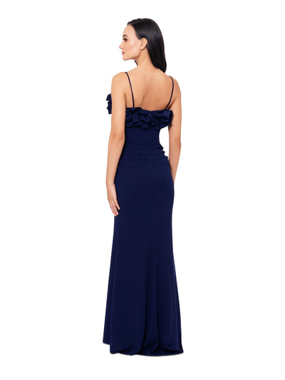 XSCAPE Womens Navy Ruffled Zippered Pleated Faux-wrap Skirt Lined Spaghetti Strap Square Neck Full-Length Evening Gown Dress 12