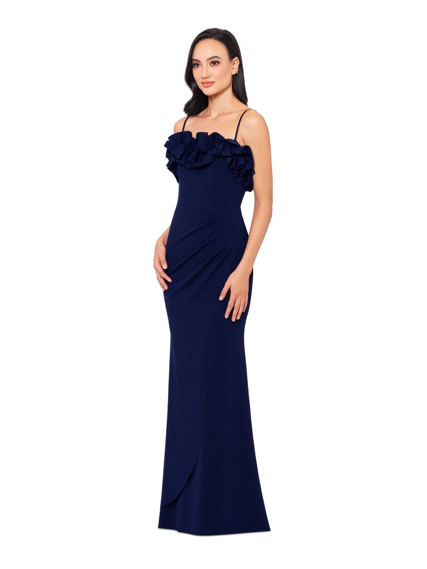 XSCAPE Womens Navy Ruffled Zippered Pleated Faux-wrap Skirt Lined Spaghetti Strap Square Neck Full-Length Evening Gown Dress 12