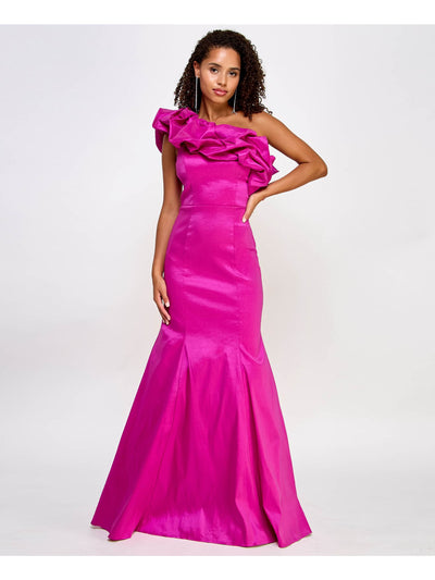 CITY STUDIO Womens Pink Zippered Lined Tulle Single Ruffle Sleeve Asymmetrical Neckline Full-Length Formal Mermaid Dress Juniors 7\8