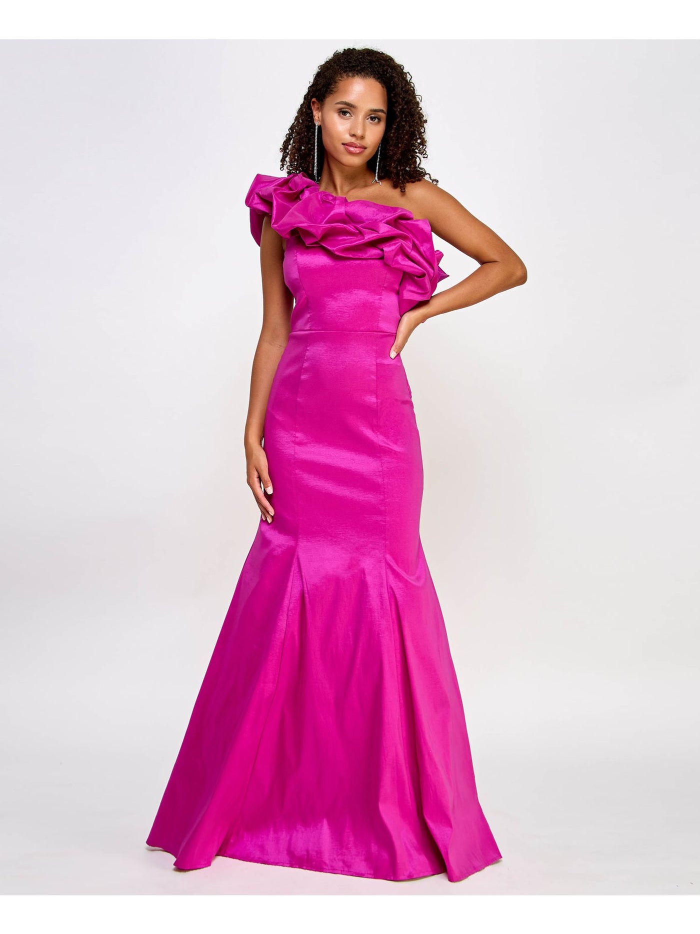 CITY STUDIO Womens Pink Zippered Lined Tulle Single Ruffle Sleeve Asymmetrical Neckline Full-Length Formal Mermaid Dress Juniors 1\2