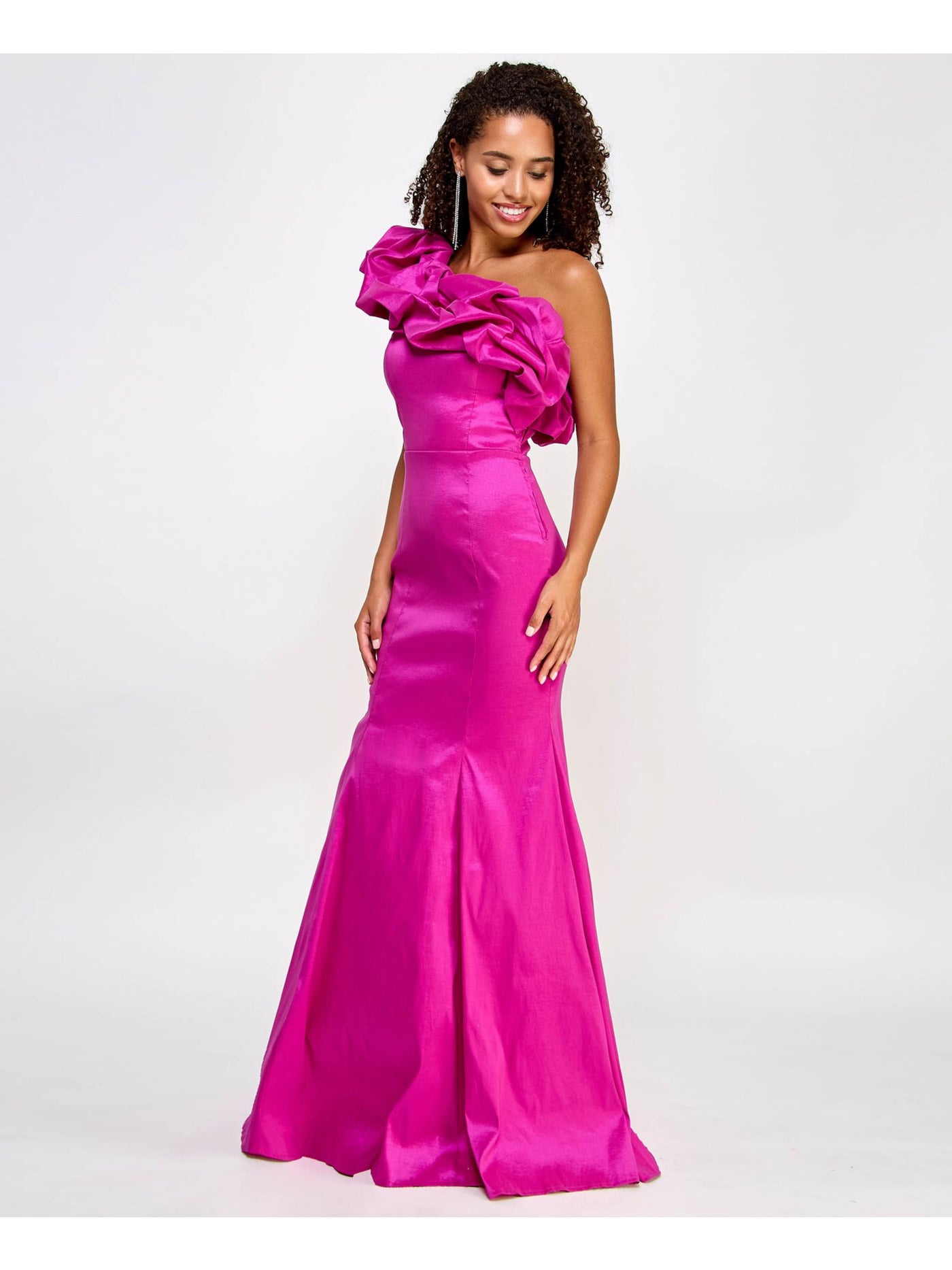 CITY STUDIO Womens Pink Zippered Lined Tulle Single Ruffle Sleeve Asymmetrical Neckline Full-Length Formal Mermaid Dress Juniors 11\12