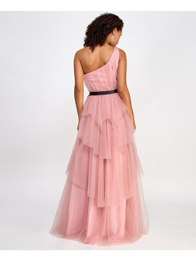 CITY STUDIO Womens Pink Zippered Ruffled Lined Belted Sleeveless Asymmetrical Neckline Full-Length Formal Gown Dress Juniors 7\8